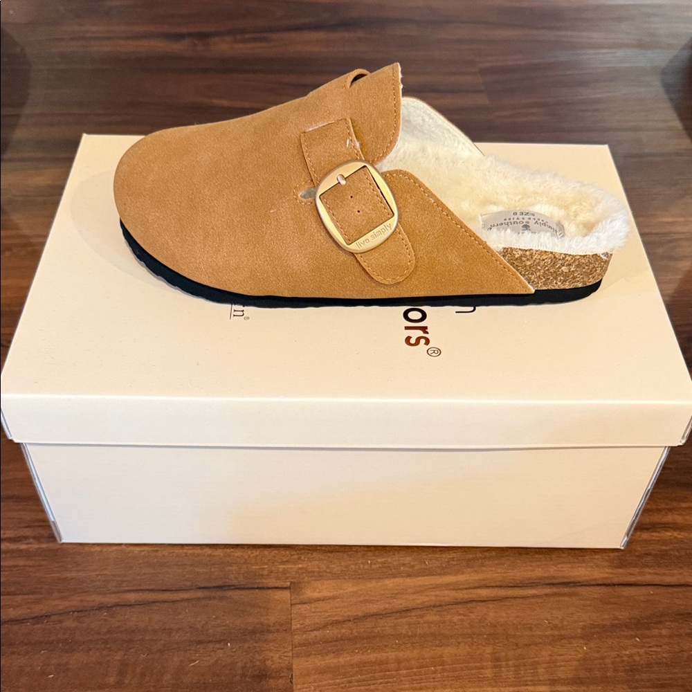 Simply Southern Tan Suede Slip-On Clogs with Gold Buckle